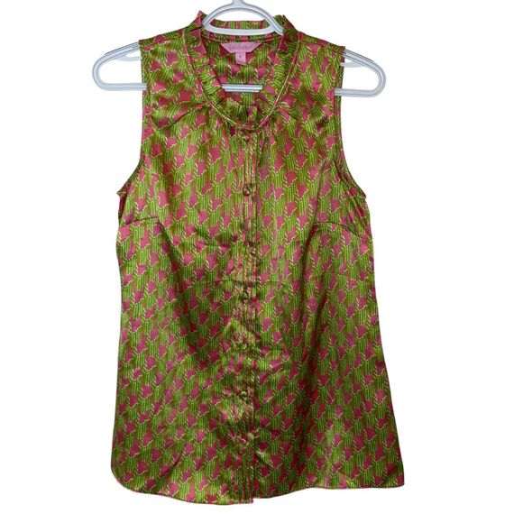 Lilly Pulitzer Crissa Top Printed Hammer Silk Blouse Ruffle Collar Houndstooth 6 - Picture 1 of 8